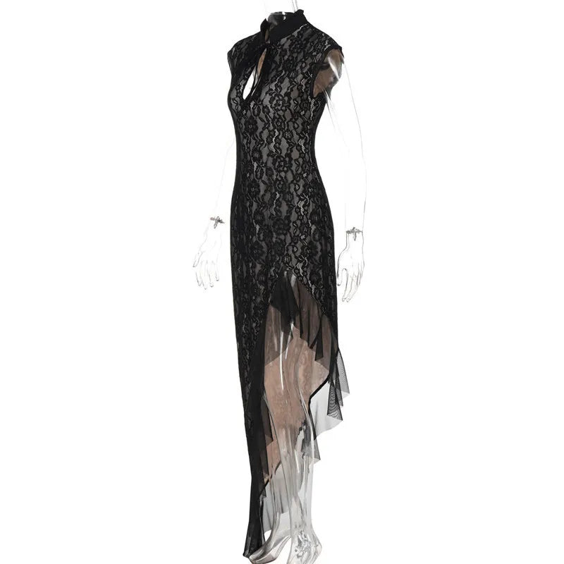 Mandarin Collar Keyhole Floral Lace Ruffled Hem High Low Maxi Dress