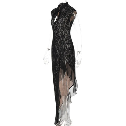 Mandarin Collar Keyhole Floral Lace Ruffled Hem High Low Maxi Dress