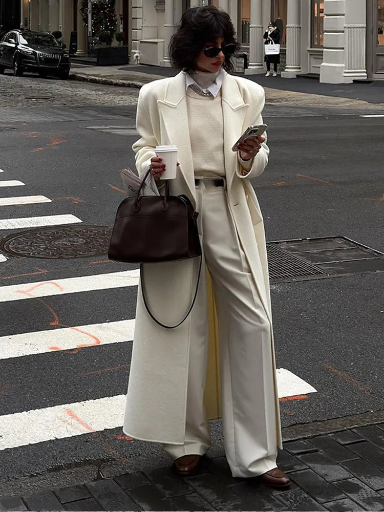 Fashion Oversize Lapel Extra Long Woolen Overcoat Women's Double Breasted Solid Cropped Overgarment Lady Commute Streetwear