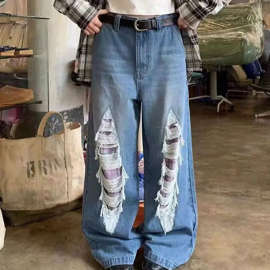 Jeans With Contrasting Plaid Holes And Splicing High-Waisted Women'S Summer American High Street Loose Slimming Wide-Leg Pants