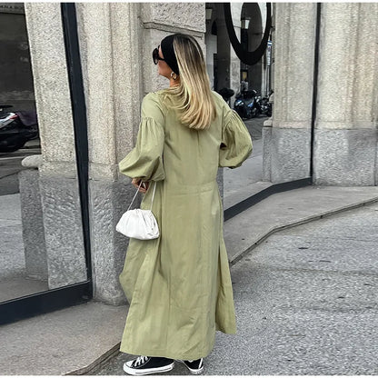 Casual Street Lace Up Long Dresses Women New Chic Loose V-neck Side Slit Solid Dress Female Summer Versatiel Street Party Robes