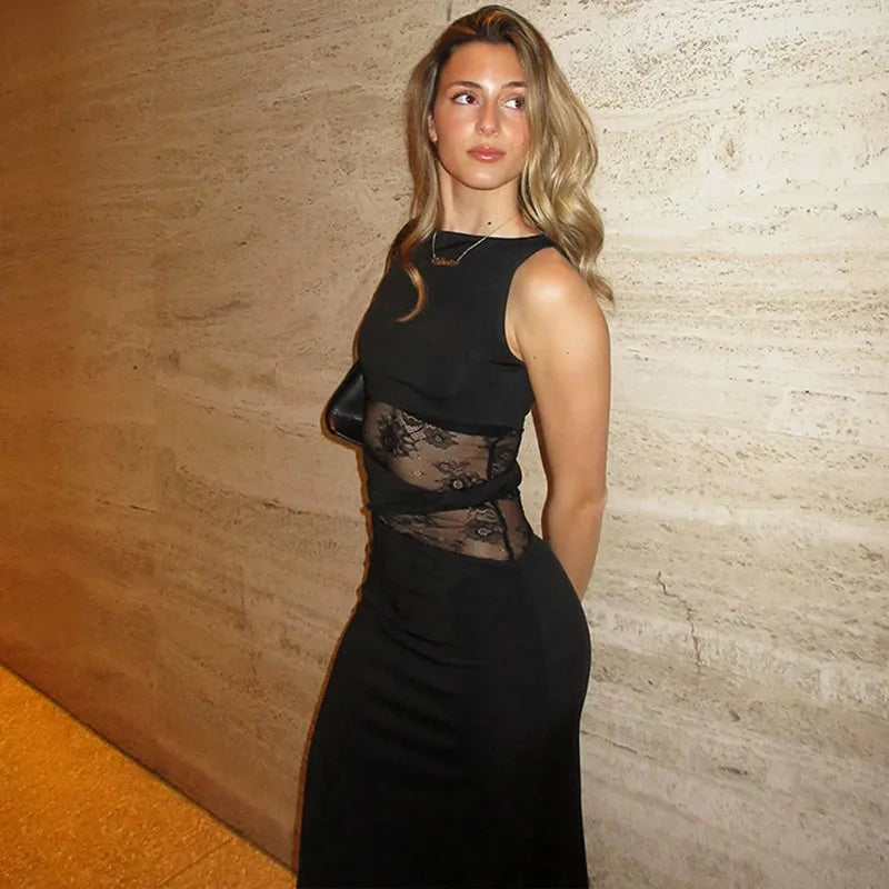 One Shoulder Lace Panel Waist Cutout Bodycon Maxi Dress