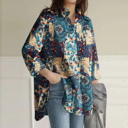Women's Colorful Print Button-Up Shirt – Loose Fit Long Casual Top