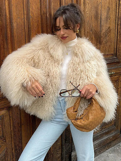 Luxury Warm Fluffy Faux Fur Coat 2024 Women Fashion Solid Long Sleeve Short Coats Winter Female Casual High Street Outercoat
