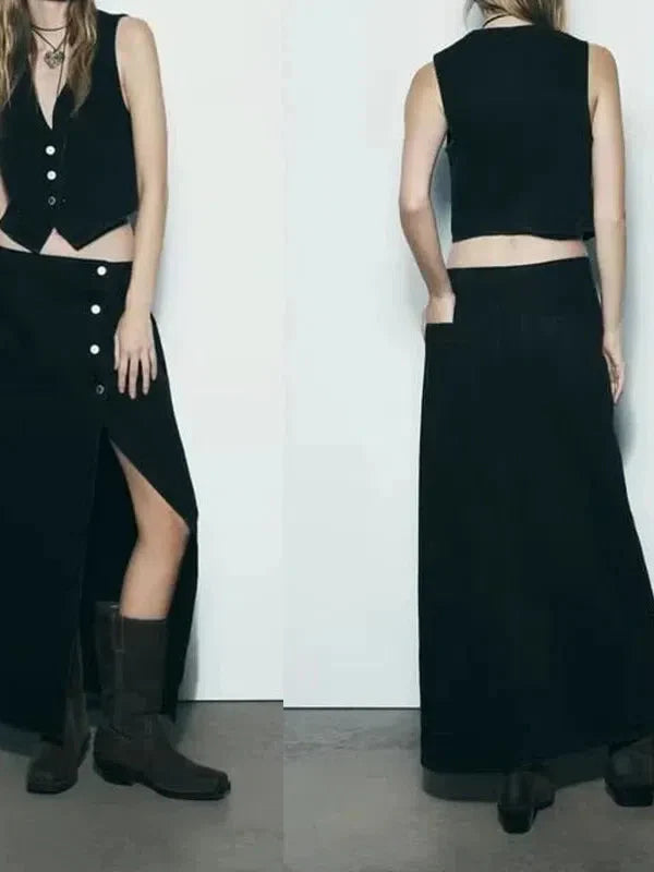 Denim Vest Waist Coat & Slit Skirt Coord Set