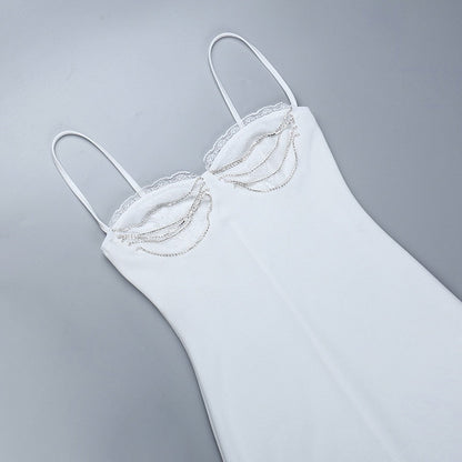 Lace Trim Rhinestone Chain Bustier Spaghetti Strap Mini Dress