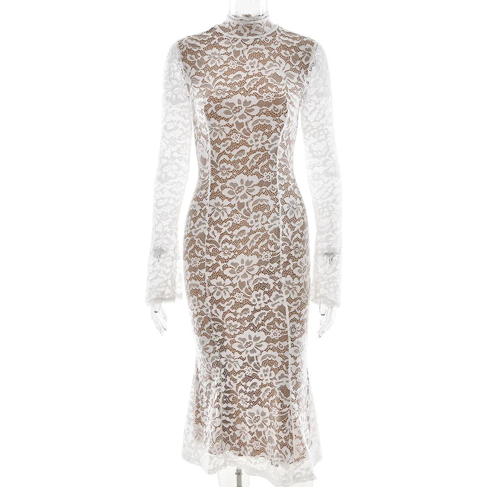 Floral Lace High Neck Long Sleeve Bodycon Midi Dress
