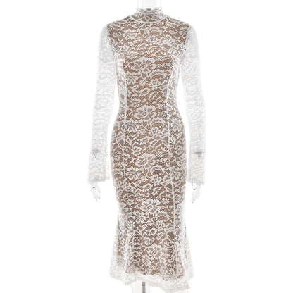 Floral Lace High Neck Long Sleeve Bodycon Midi Dress