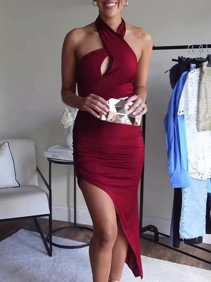Burgundy Asymmetric Halterneck Dress