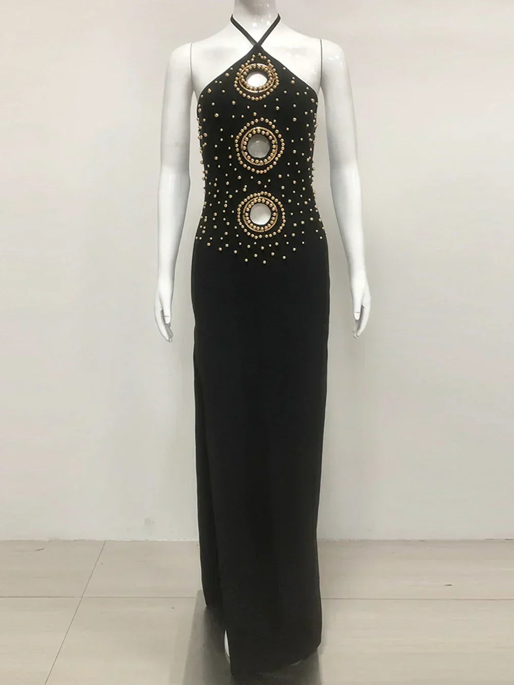 Halter Ring Cut Out Studded Thigh Slit Backless Maxi Gown