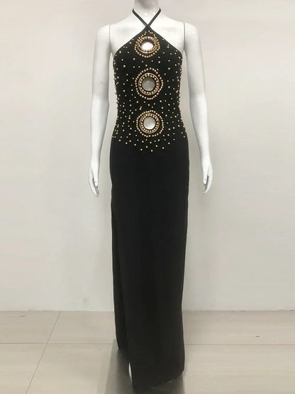 Halter Ring Cut Out Studded Thigh Slit Backless Maxi Gown