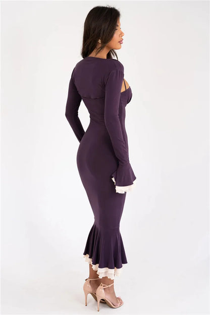 Spaghetti Strap Sweetheart Bolero Bell Sleeve Ruffle Fishtail Midi Dress