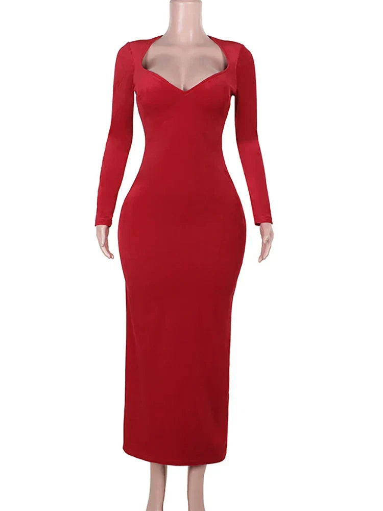 Deep V Sweetheart Long Sleeve Velvet Bodycon Maxi Dress