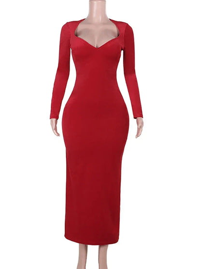 Deep V Sweetheart Long Sleeve Velvet Bodycon Maxi Dress