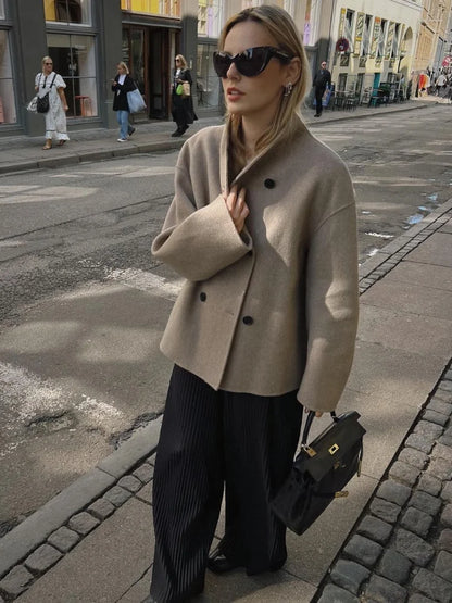 Elegant Wool Women's Coats Loose Casual Double Breasted Stand Collar Short Jacket 2024 Fall Winter Coat Female Commute Outerwear