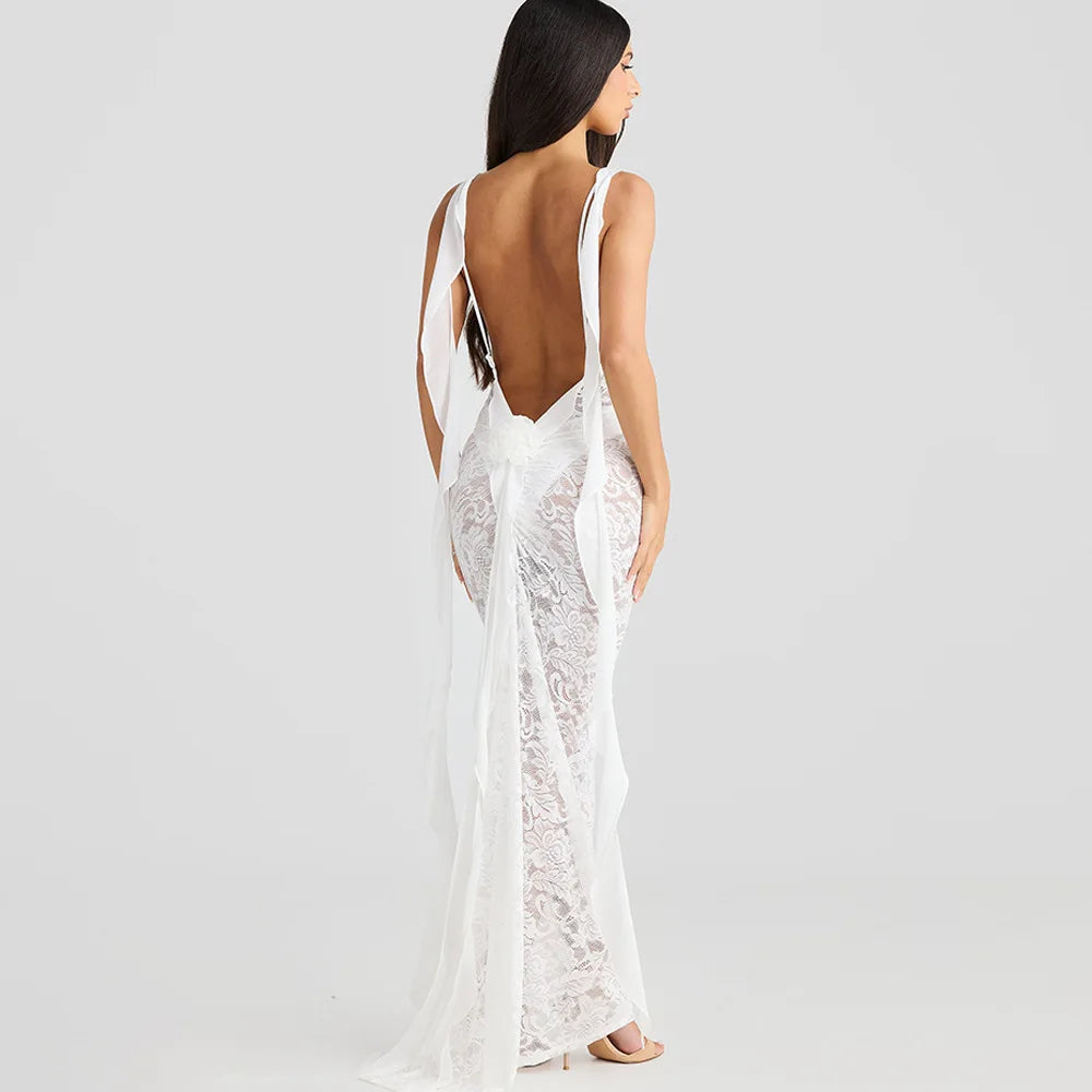 Lace Backless Spaghetti Strap Trailing Ribbon Ruffle Maxi Dress