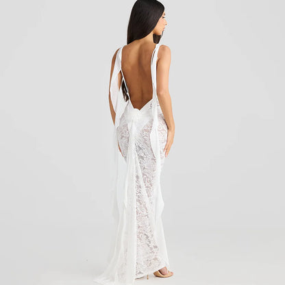 Lace Backless Spaghetti Strap Trailing Ribbon Ruffle Maxi Dress