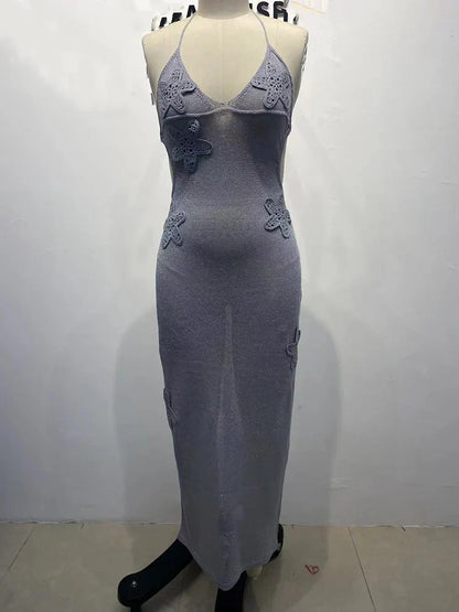 Glitter Mesh Halter Neck Plunging V-Neck Floral Applique Cutout Maxi Dress