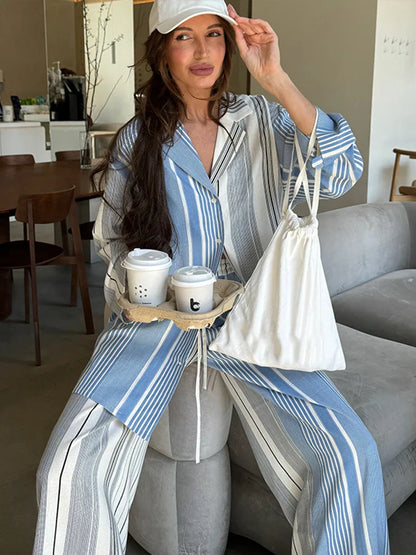 Stripe Loose Women Top Set Wide Leg High Waist Lady Pants Sets 2025 Fashion Contrasted Long Sleeve Turn-Down Collar Female Suit