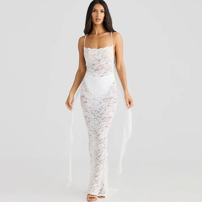 Lace Backless Spaghetti Strap Trailing Ribbon Ruffle Maxi Dress