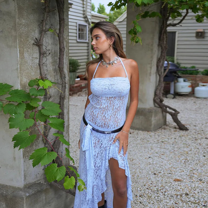 Sheer Lace Halter Neck Scarf Tie Open Back Side Slit Ruffle Hem Maxi Dress