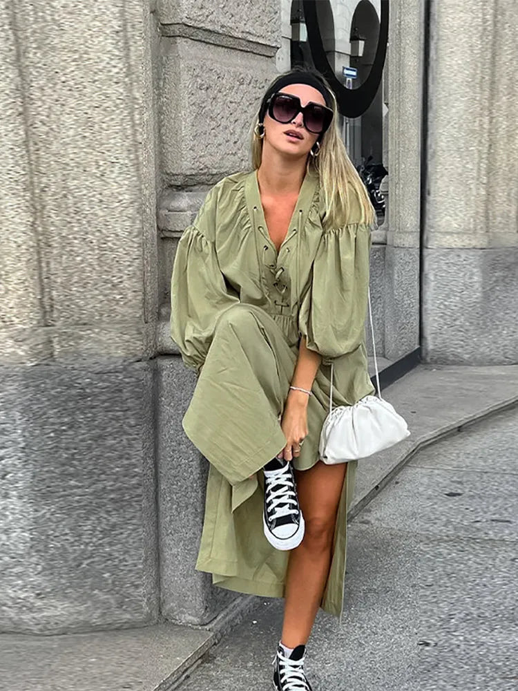 Casual Street Lace Up Long Dresses Women New Chic Loose V-neck Side Slit Solid Dress Female Summer Versatiel Street Party Robes