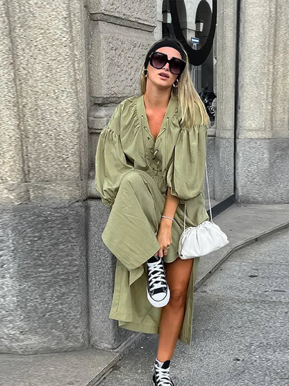 Casual Street Lace Up Long Dresses Women New Chic Loose V-neck Side Slit Solid Dress Female Summer Versatiel Street Party Robes