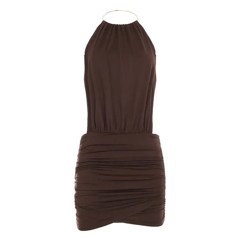 Halter Neck Metal Ring Draped Blouson Top Ruched Wrap Hem Mini Skirt Set