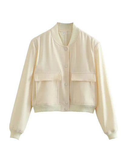 Basic Stand Collar Women Jacket Long Sleeve Cardigan Button Up Cropped Coat Baseball Outerwear Autumn Winter Clothes
