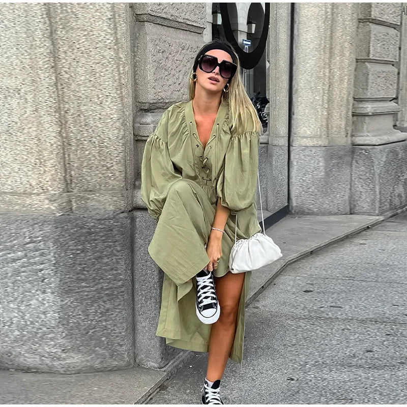 Casual Street Lace Up Long Dresses Women New Chic Loose V-neck Side Slit Solid Dress Female Summer Versatiel Street Party Robes