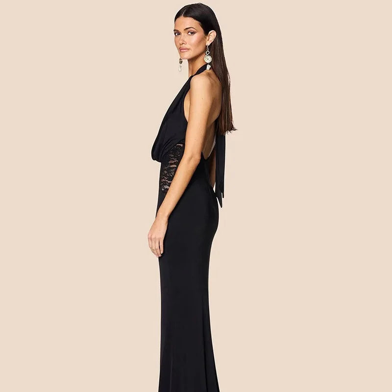 Halter Plunging V-Neck Draped Bust Lace Side Panel Bodycon Mermaid Maxi Gown