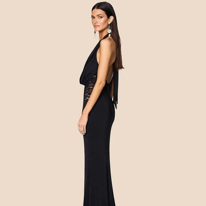 Halter Plunging V-Neck Draped Bust Lace Side Panel Bodycon Mermaid Maxi Gown