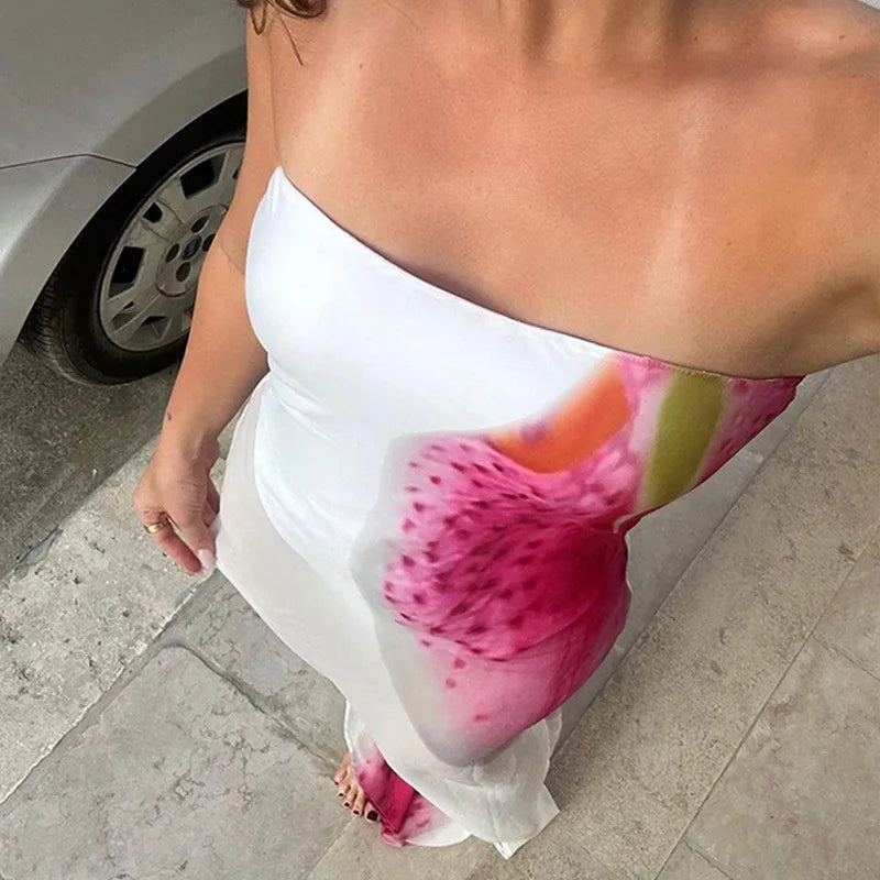 Strapless Mesh Overlay Abstract Graphic Print Bodycon Maxi Dress