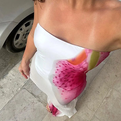 Strapless Mesh Overlay Abstract Graphic Print Bodycon Maxi Dress