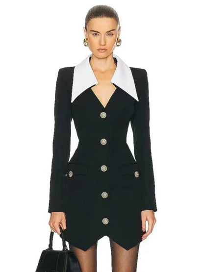 Contrast Collar Metal Button Flap Pocket Blazer Mini Dress