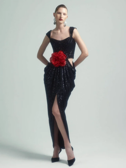 Sequin Square Neck Waist Cutout 3D Floral Applique Draped Wrap Slit Maxi Dress