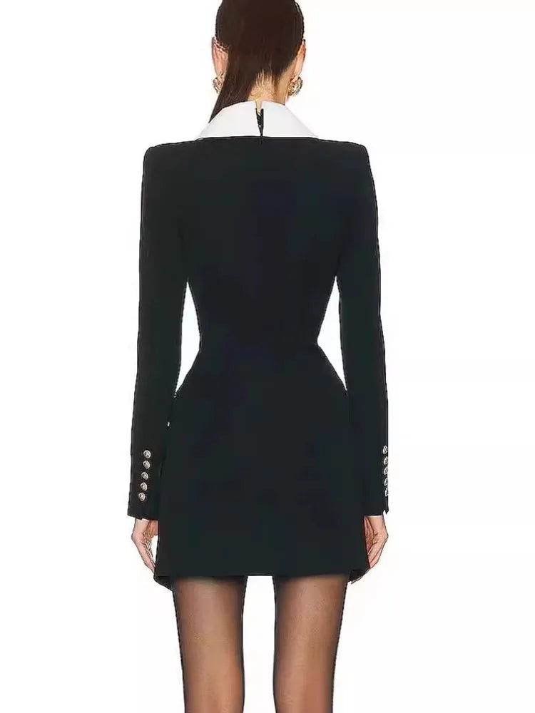 Contrast Collar Metal Button Flap Pocket Blazer Mini Dress