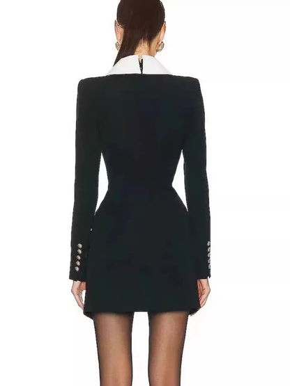 Contrast Collar Metal Button Flap Pocket Blazer Mini Dress