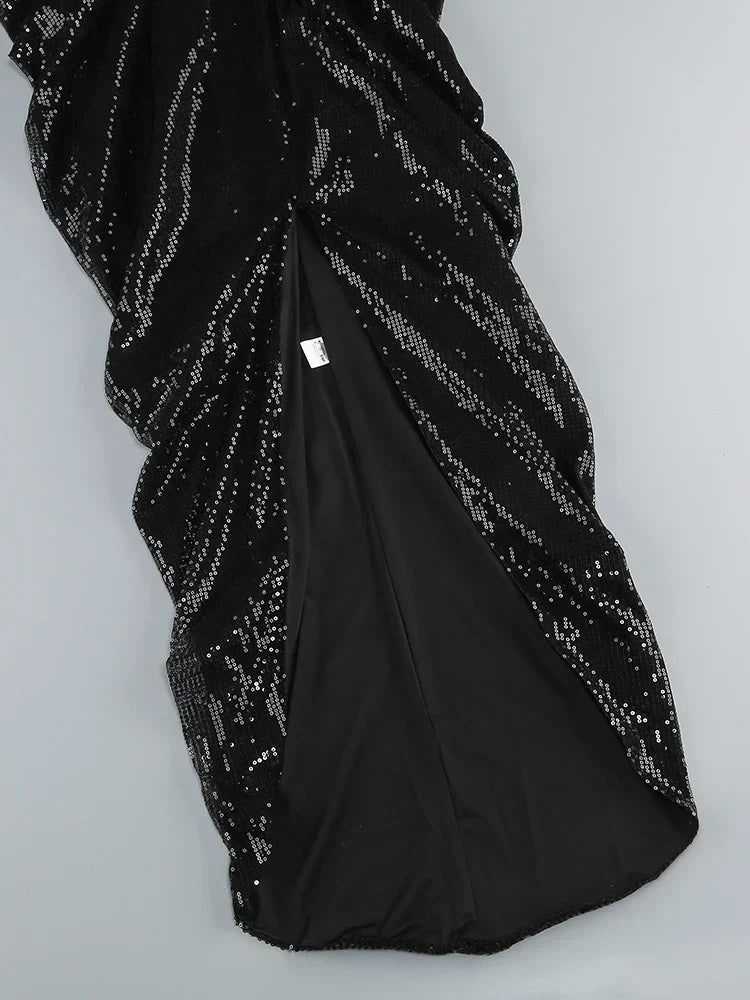 Sequin Square Neck Waist Cutout 3D Floral Applique Draped Wrap Slit Maxi Dress