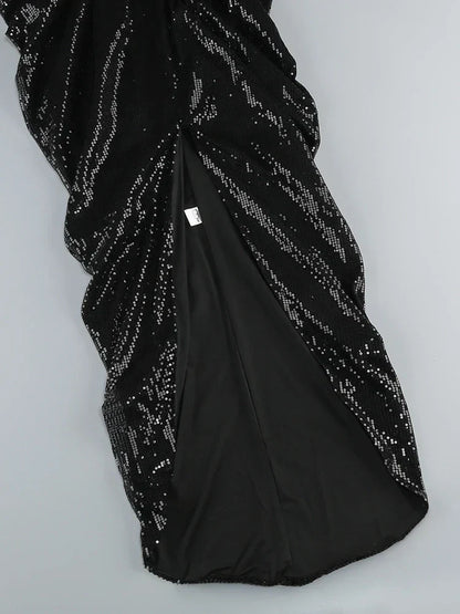 Sequin Square Neck Waist Cutout 3D Floral Applique Draped Wrap Slit Maxi Dress