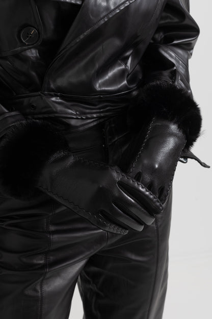 PU Leather Faux Fur Trim Gloves