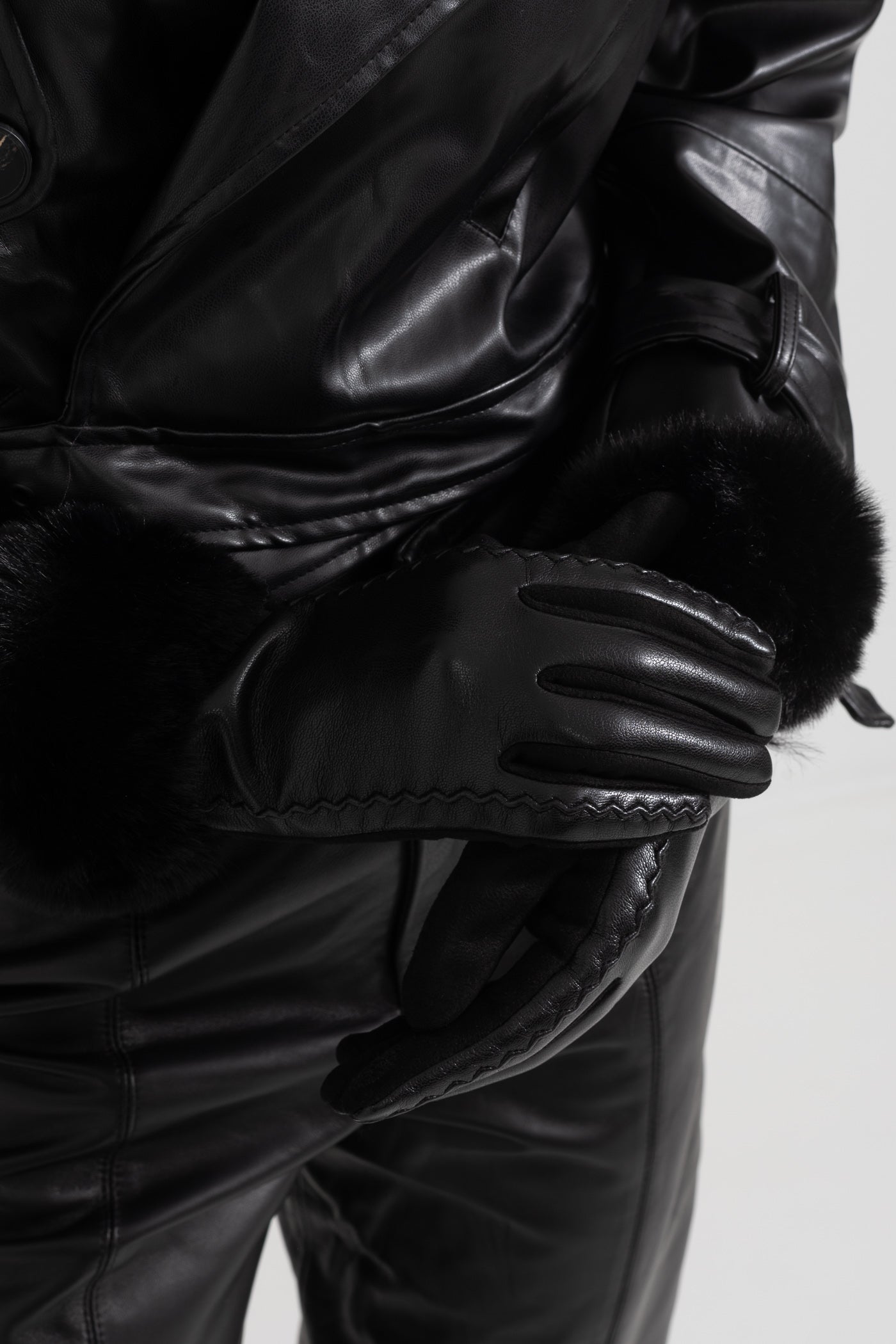 PU Leather Faux Fur Trim Gloves