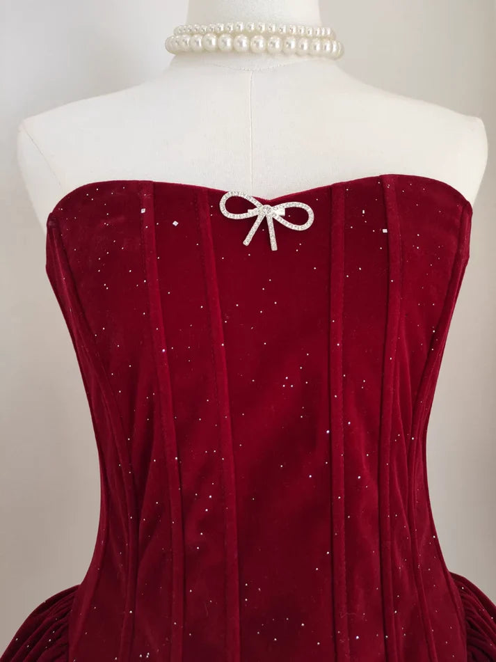 Shimmery Velvet Tube Dress with Diamond Bow