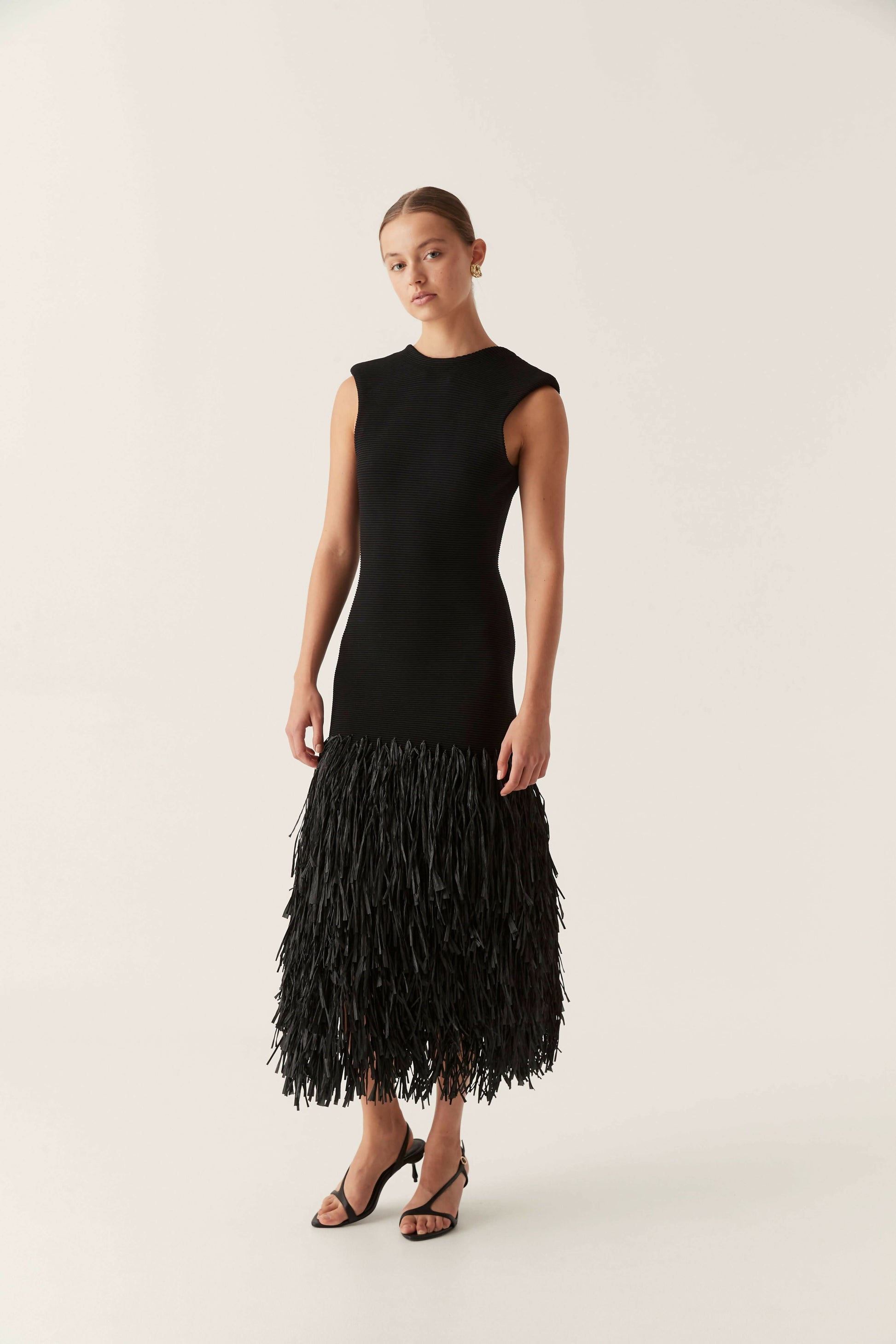 Crew Neck Sleeveless Fringe Tier Hem Rib Knit Midi Dress