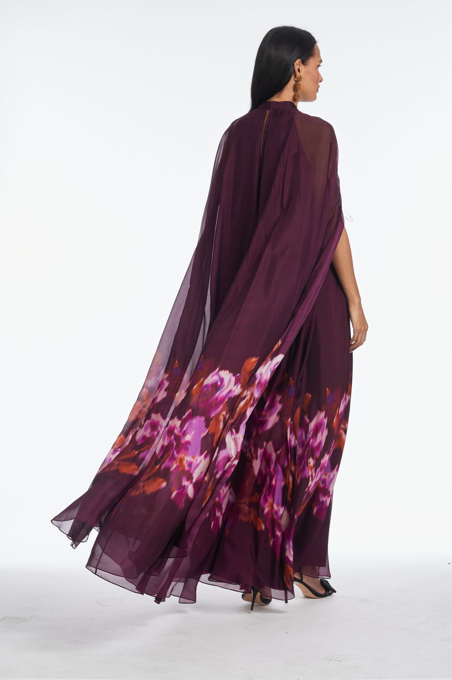 Sabrina Floral Printed Cape Sleeve Maxi Dress