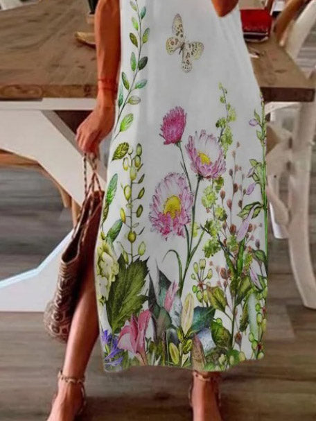 Short Sleeve Butterfly Print Botanical Side Slit Maxi Dress