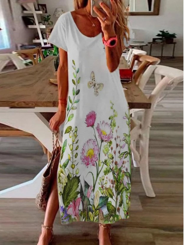 Short Sleeve Butterfly Print Botanical Side Slit Maxi Dress