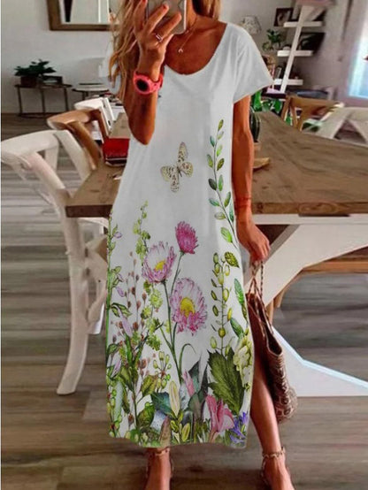 Short Sleeve Butterfly Print Botanical Side Slit Maxi Dress