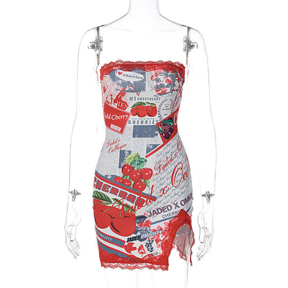 Newspaper Print Lace Trim Asymmetric Slit Tube Mini Dress