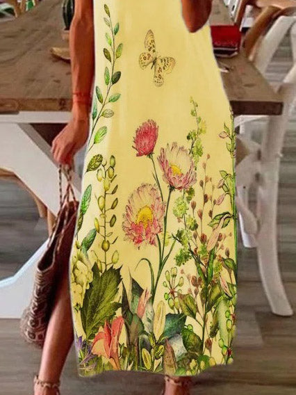 Short Sleeve Butterfly Print Botanical Side Slit Maxi Dress